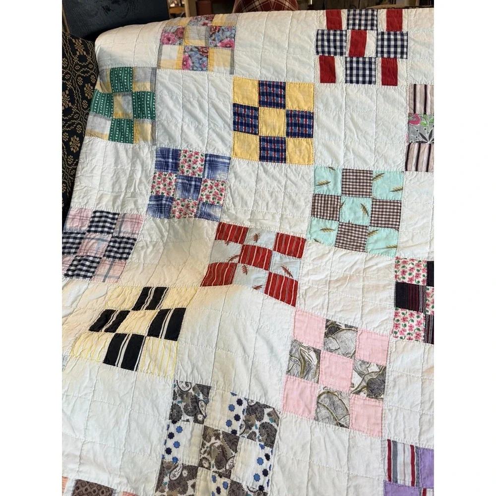 Early Antique Quilt  Nine Patch Hand Stitched 76